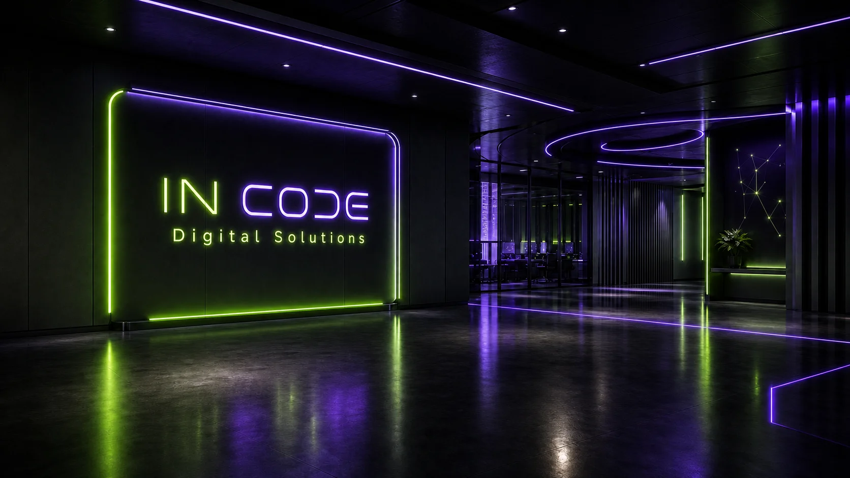 Офис digital-команды с неоновой вывеской IN CODE Digital Solutions