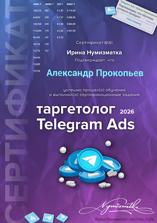 Сертификат Александра Прокопьева по Telegram Ads