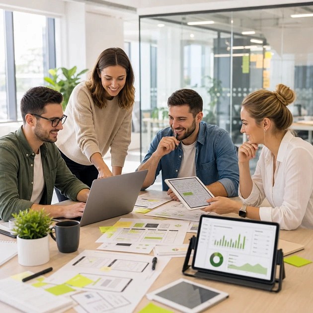 Команда в офисе собирает digital-систему из сайта, рекламы, CRM и аналитики